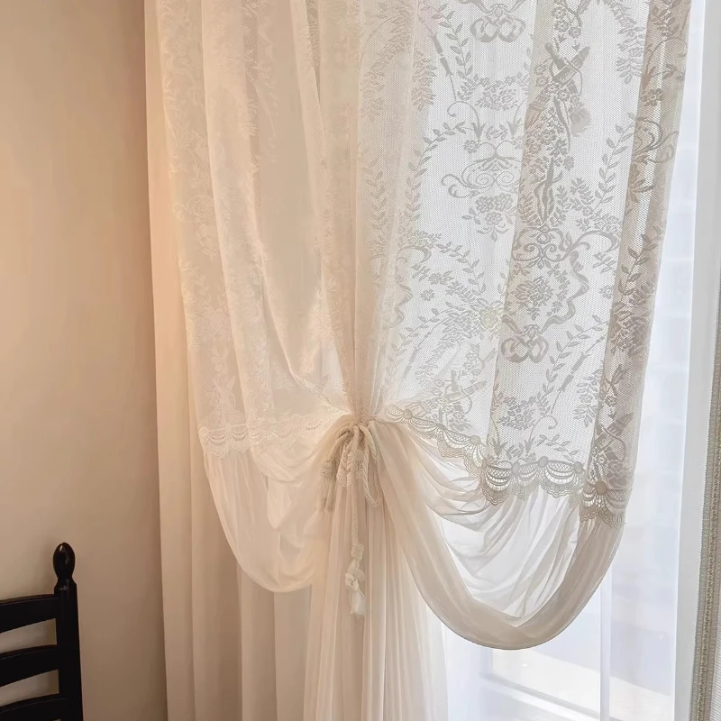 Custom Size French Jacquard Floral Lace Sheer Curtain Romantic Cream Style Elegant Curtain for Balcony Bedroom Window Decor