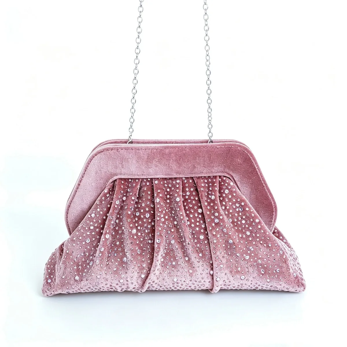 Women Rhinestone Velvet Pleated Handbag Autumn Winter French Fashion Retro Solid Color Elegant Lady Banquet Clutch Bags