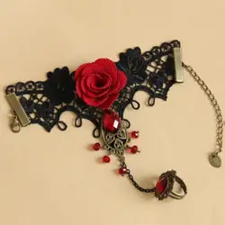 Rose Decor Black Lace Ring Bracelet Women Faux Gem Faux Pearl Ring Hand Chain Jewelry Accessory