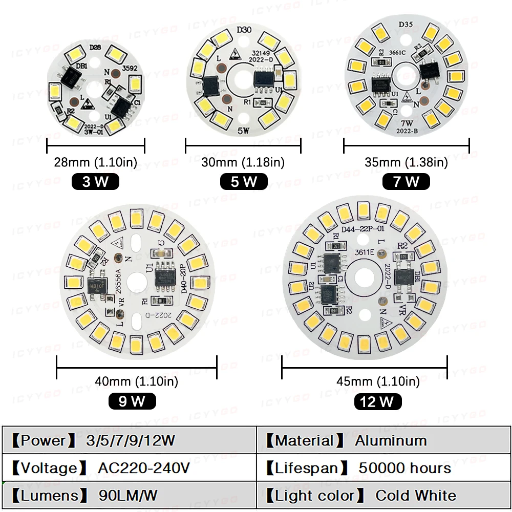 Chip de bombilla LED SIN controlador, 10 piezas, 3W, 5W, 7W, 9W, 12W, 15W, 18W, lámpara redonda SMD 2835, CA 220V, foco de iluminación, jabalí