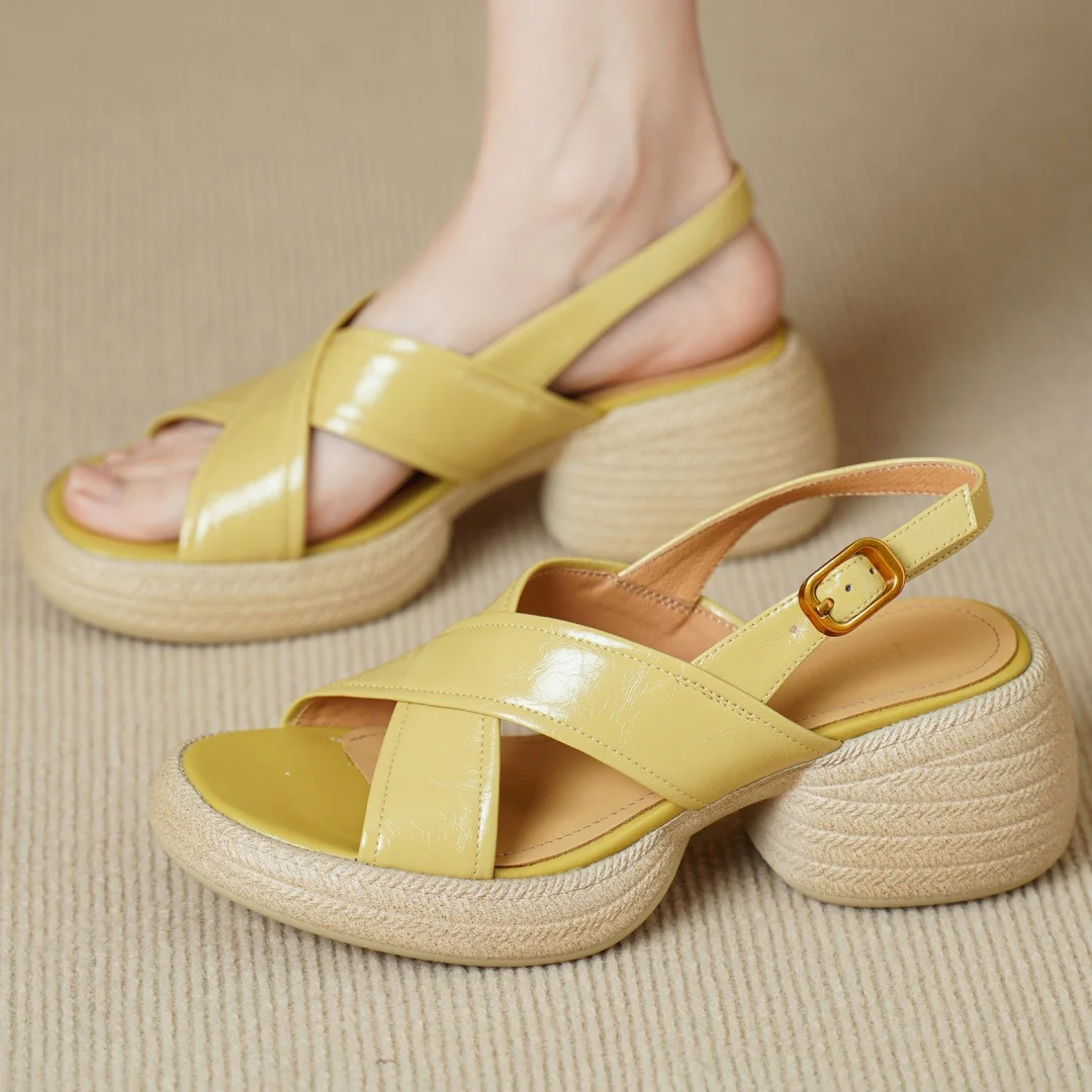 

danxuefei women's genuine leather narrow band cross strap open toe slingback sandals 6.5cm chunky heel platform soft casual shoe