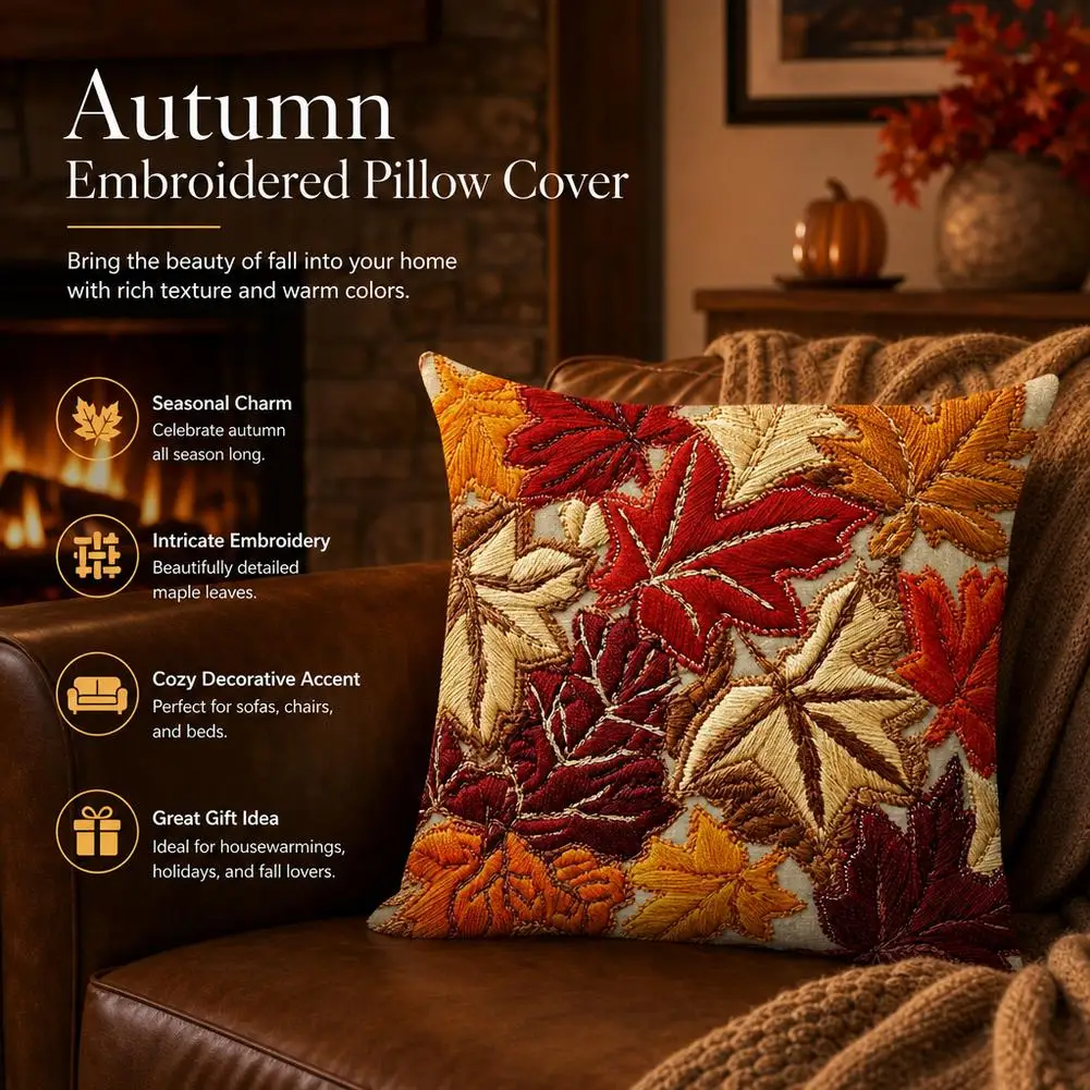 Universal Cushion Cover Linen Decorative Pillowcase Autumn Maple Leaf Pattern Embroidery Cushion Cover Sofa Bed Home Decor