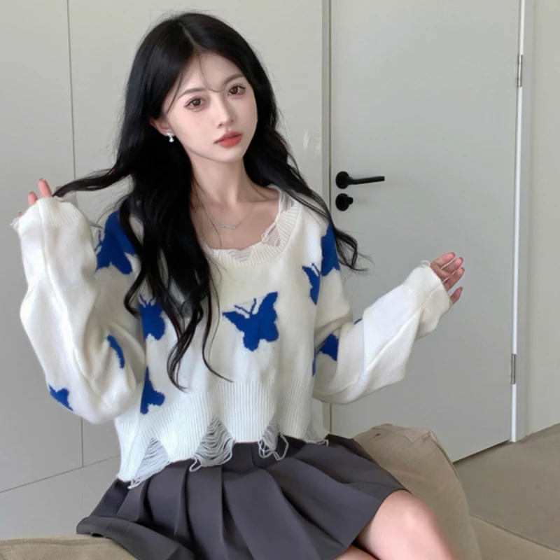 Korean Butterfly Women Sweaters Autumn Knitted Sweet Female Jumpers Harajuku Ripped New Loose Casual Ladies Crop Pullovers