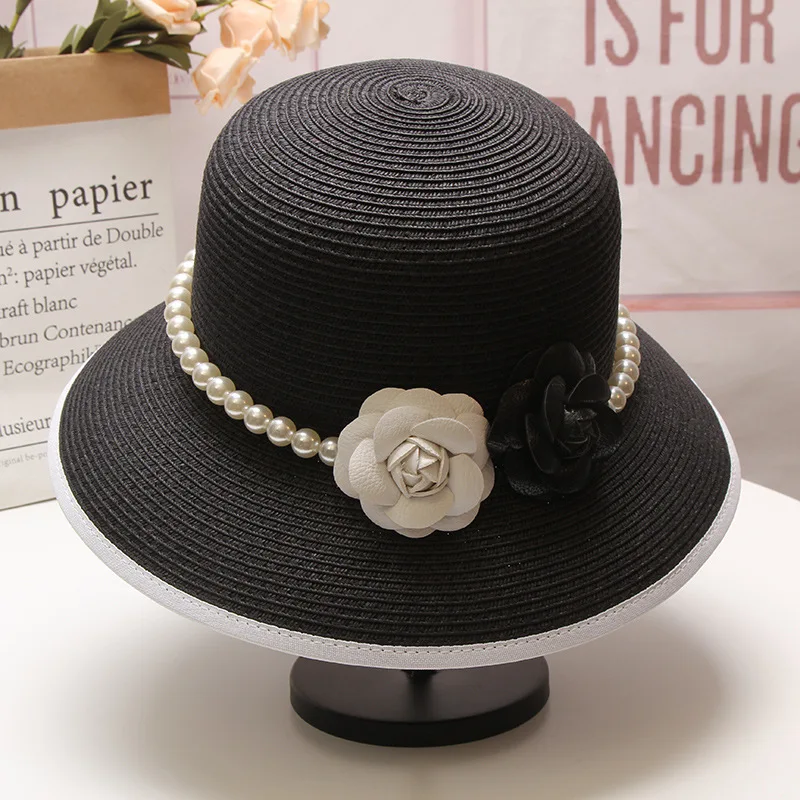 Sun Hat for women Summer Vintage Elegant Pearl Flower Fisherman Hat Hepburn Wind Sunshade Straw Hat Beach Hat sombrero