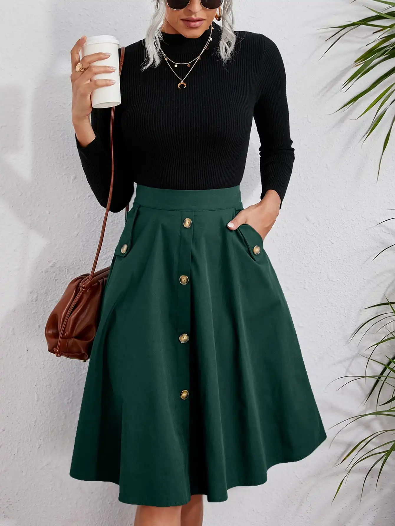 

Chic Women's Dark Green Flared Midi Skirt Metal Button Detail With Pockets Versatile Casual Office Daily Wear Skirt