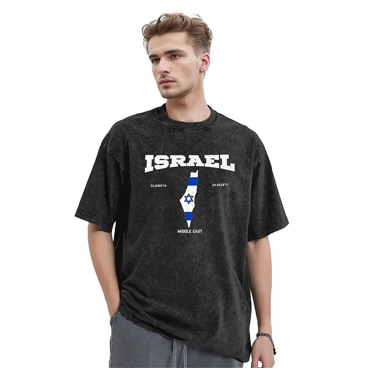 Israel Flag Map Washed T-Shirt Unisex Israel Coordinates Cotton T Shirts Beach Crew Neck Harajuku Tee Shirt Oversize Clothes