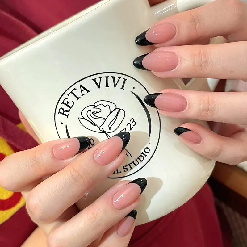 عارية اللون اضغط على الأظافر 24 قطعة قصيرة اللوز الأظافر وهمية الأبيض الفرنسية تلميح يمكن ارتداؤها الأظافر كاذبة بقع النساء الفتيات DIY بها بنفسك مانيكير #6