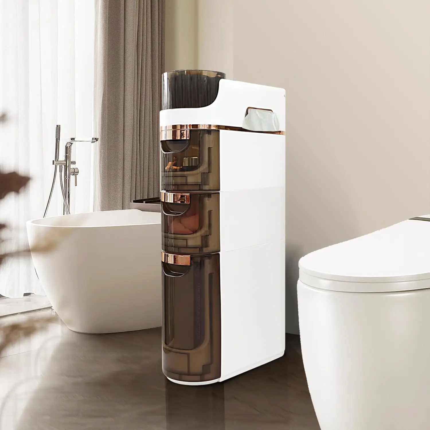 

3-Tier Slim Bathroom Storage Cabinet, Slim Cabinet for Bathroom,Narrow Rolling Storage Cart with Wheels, White Plastic Organizer