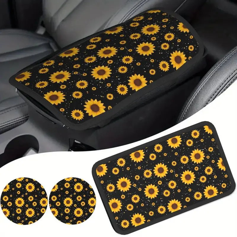 1Pc Car Armrest Cover And 2Pcs Cup Coasters, Black Sunflower Print, Car Interior Decor Accessories