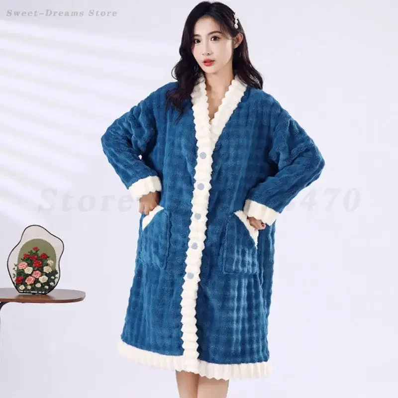 

Autumn Winter New Sleepwear Bathrobe Sexy V-Neck Coral Fleece Robe Nightgown Female Flannel Warm Nightdress Thicken Home Wear