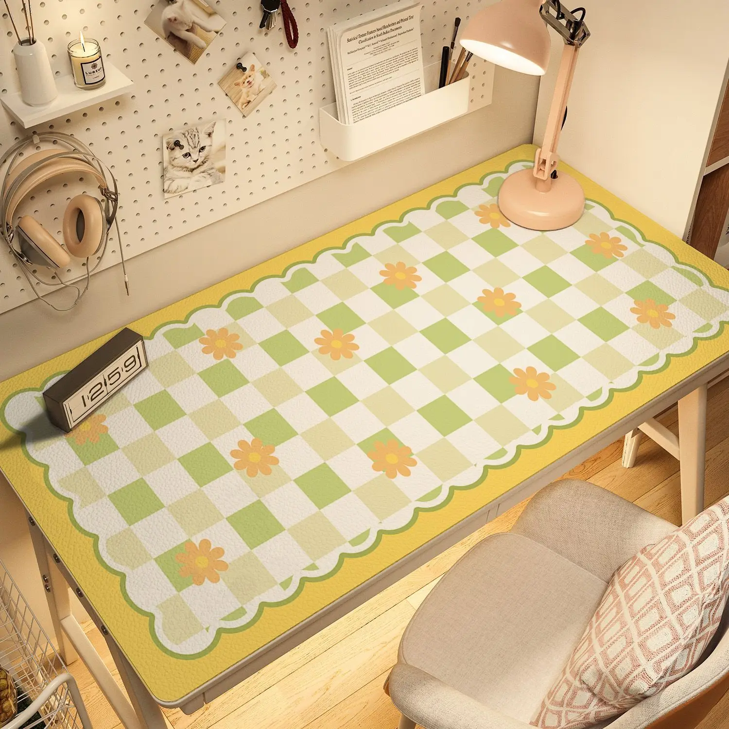 Leather Desk Pad Protector Simple Grid Polka Dots Y2K INS Mouse Pads Office Desk Mats Waterproof Oilproof PU Desk Keyboard Pads
