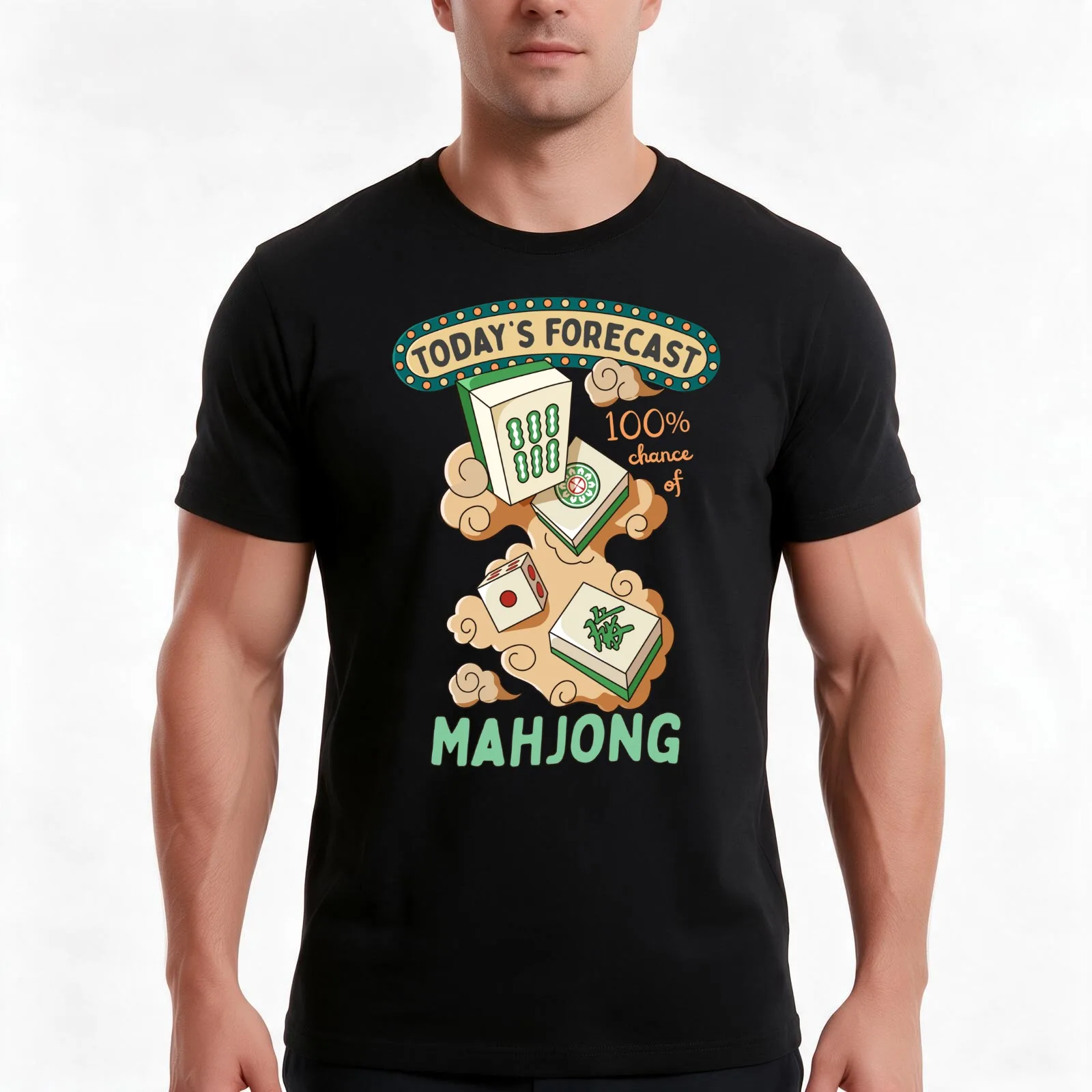 Mahjong Tiles And Clouds Cartoon T-Shirt Summer Casual Cotton Tee Oversized Streetwear Tops Vintage Graphic Print