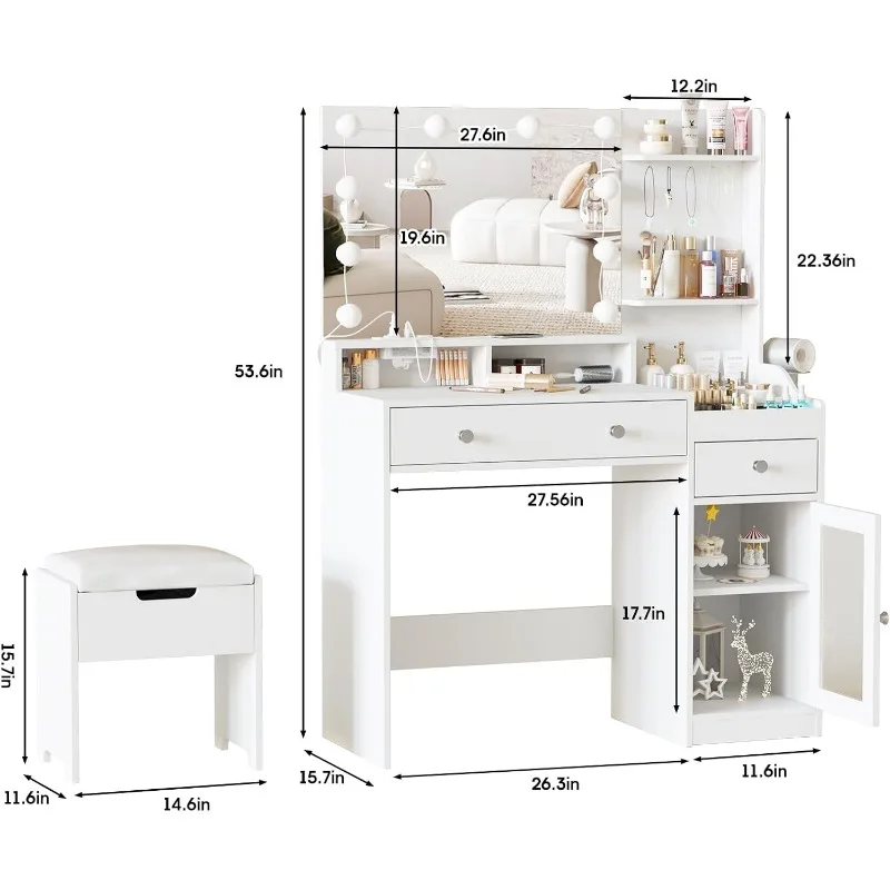Mesa de vaidade com espelho, luzes e estação de carregamento, penteadeira com tampo de vidro de 3 gavetas e armário de joias