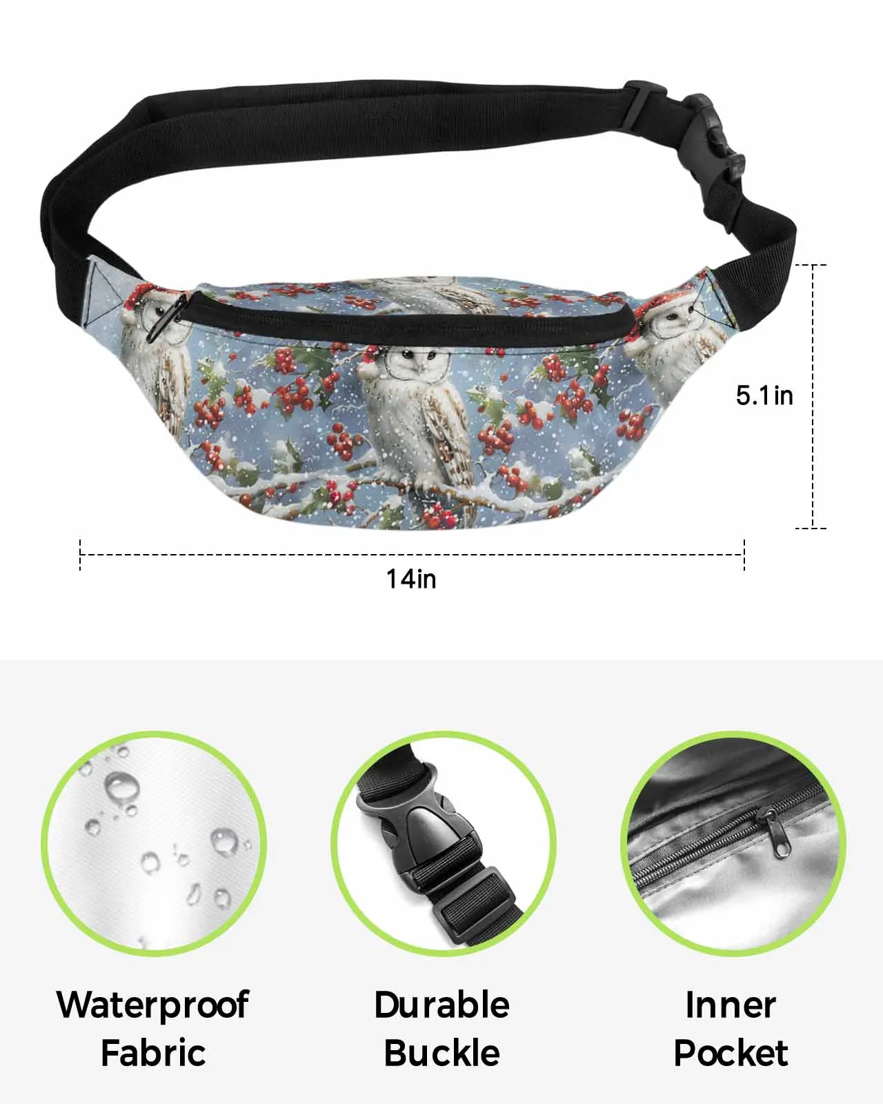 Christmas Winter Snowscape Owl  Men Women Waist Bag Fanny Pack Belt Bag Wallet Pouch Waterproof Banana Hip Bags