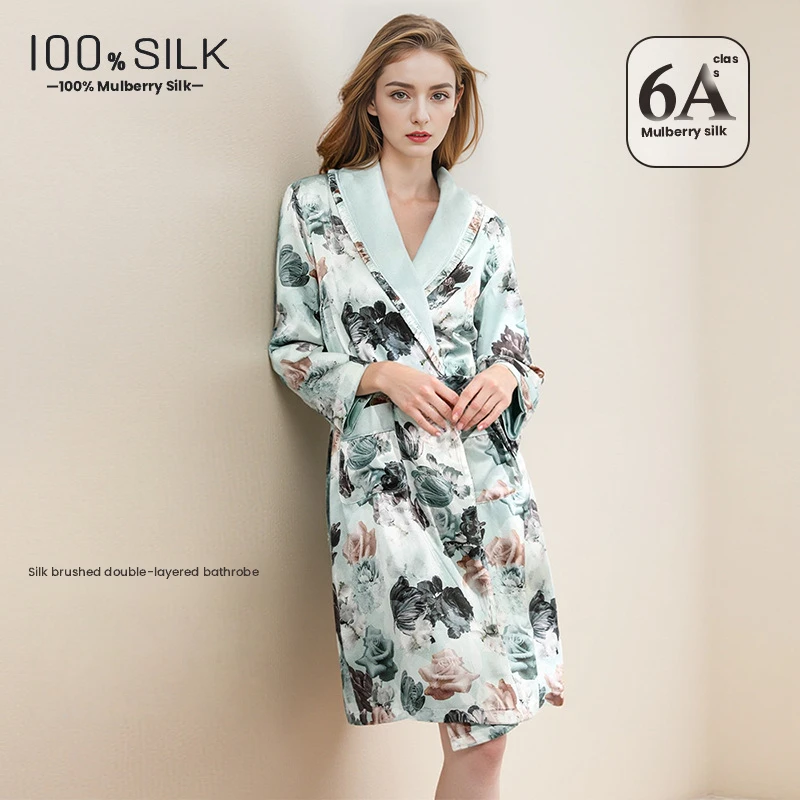 Autumn Winter 30 Momme Silk Robe Women Mulberry Silk Fleece Lined Double Layer Bathrobe Spray Print Soft Sleepwear House Coat