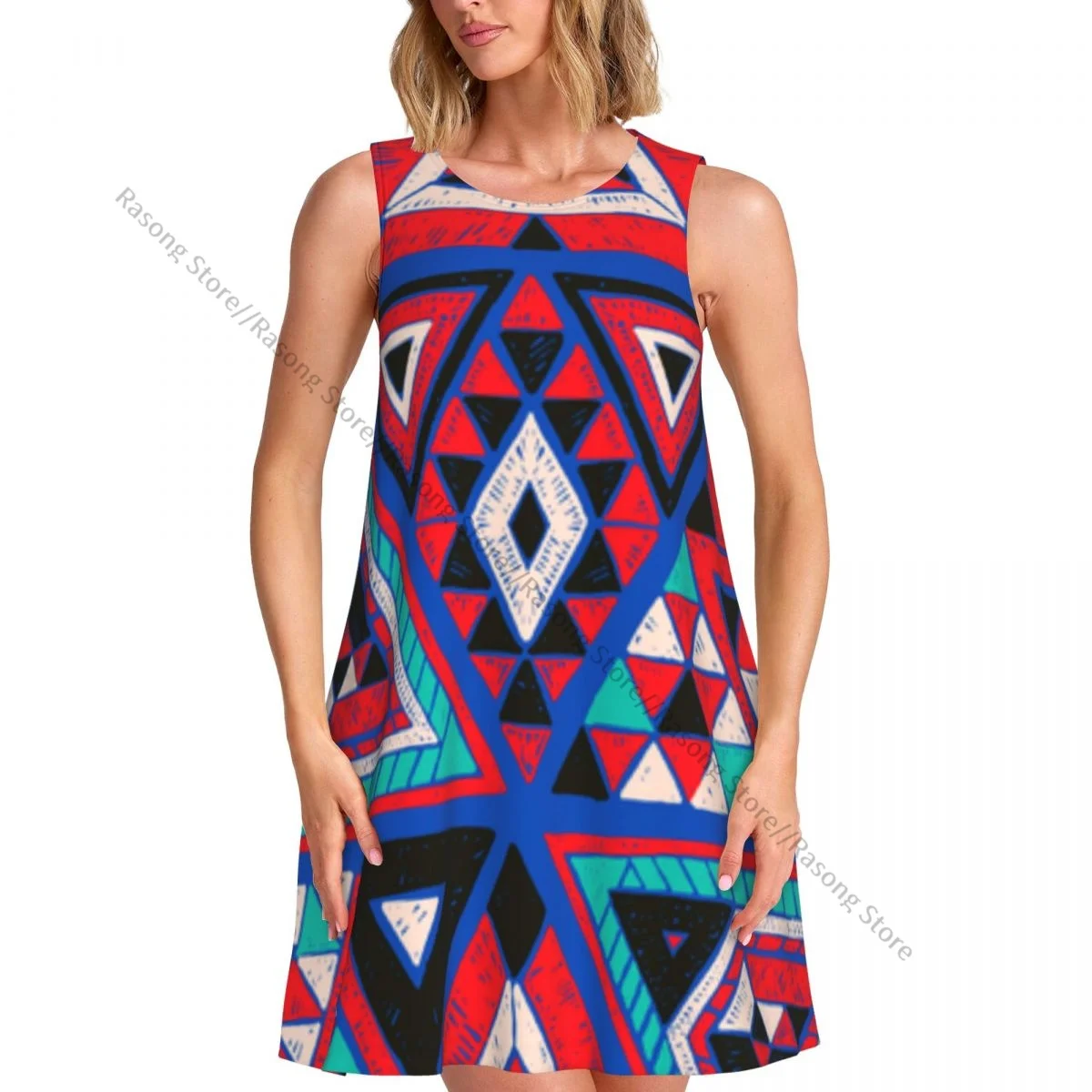 

Summer Vest Dress Women's Indian Geometric Triangle Tribal Ethnic Texture Sleeveless Female Dresses