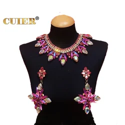 CUIER Exquisite Fuchsia color Rhinestones Necklace Earring Set for Wedding Bridal Jewelry