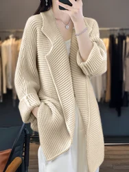 100% Merino Wool Women's Cardigans Sweater   Autumn Winter Thick Warm Casual O-neck Cashmere Knitted Long Coat Korean Fashion