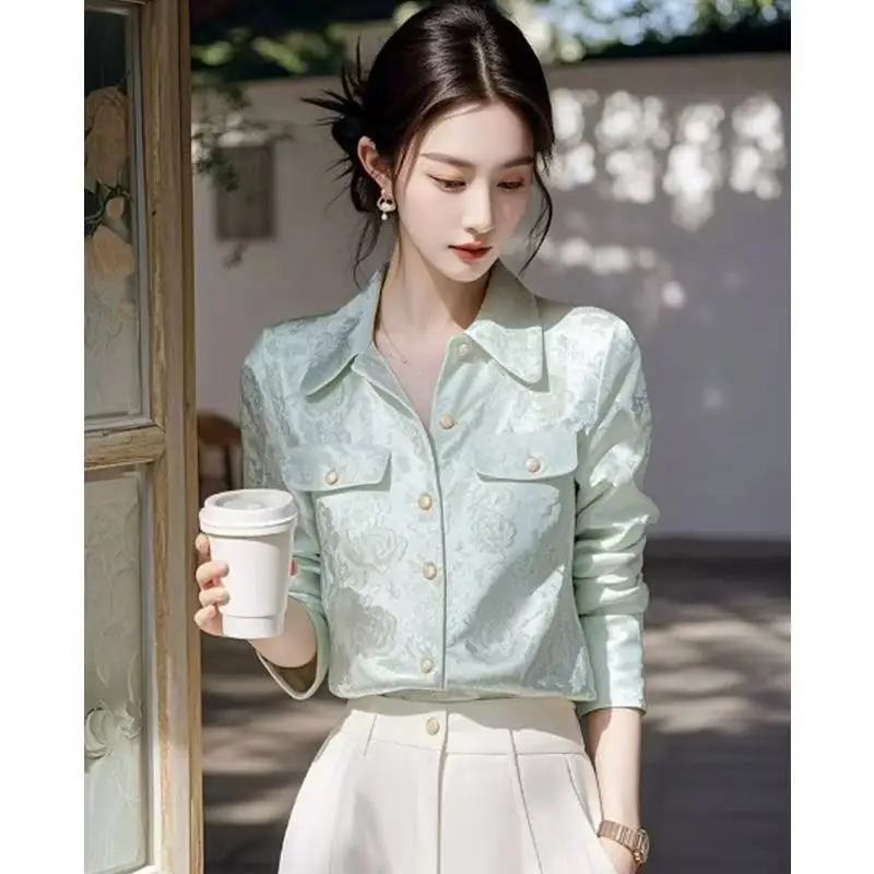 

RAIN YAN LIN New Chinese Style Fresh Mint Green Lapel Jacquard Long Sleeve Blouse Women Spring Elegant Versatile Cardigan Tops
