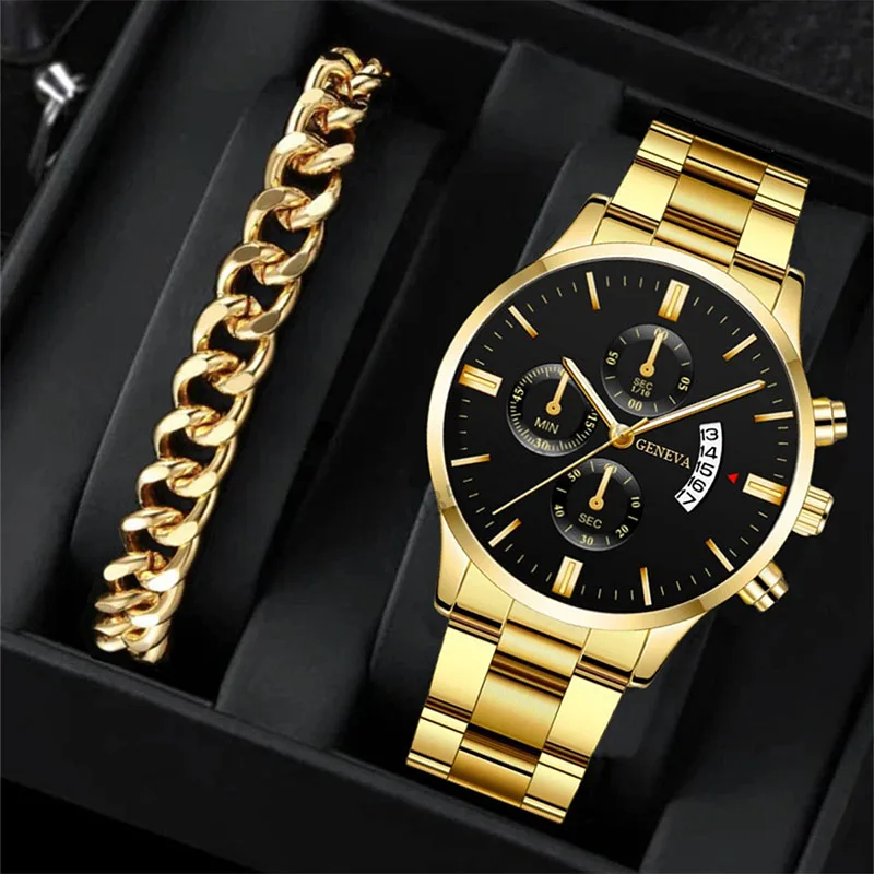 Relógio Calendário Masculino, Pulseira de Aço, Conjunto Empresarial, Moda, Esportivo, Moda Clássica