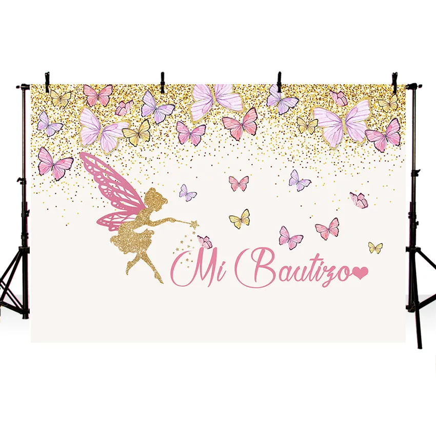 Mehofond Photography Background Butterfly Fairy Gold Mi Bautizo Christening God Bless Girl Birthday Decor Backdrop Photo Studio