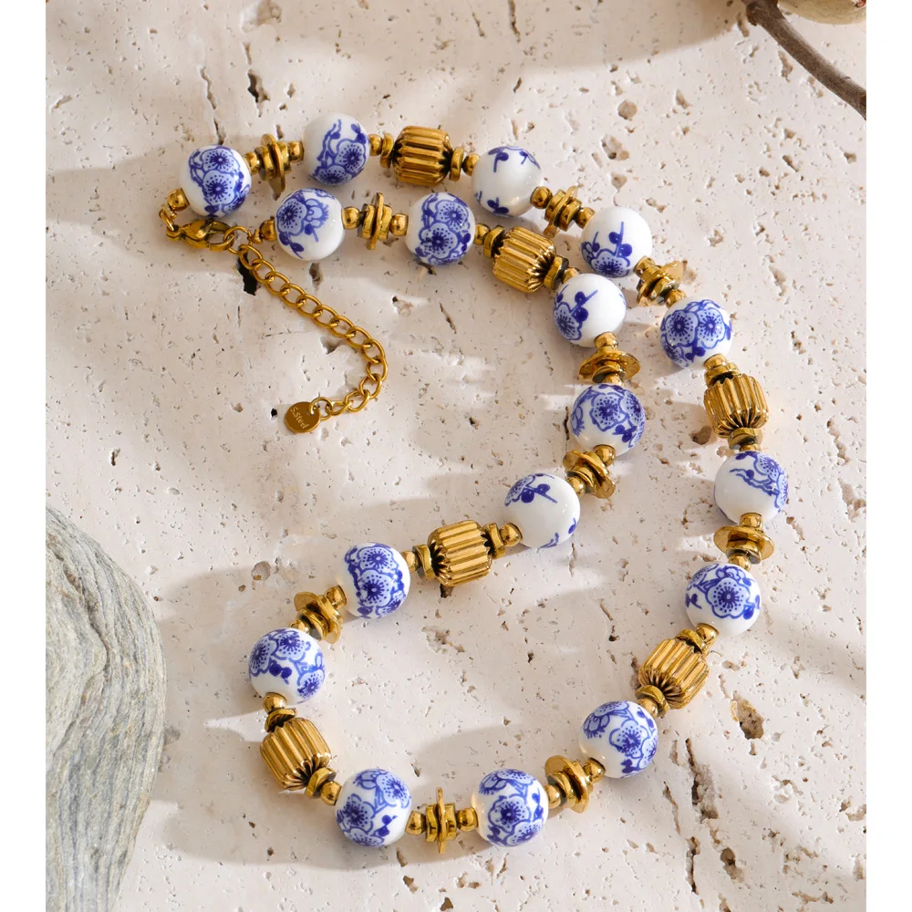 Yhpup New Arrivals Handmade Jewelry Stainless Steel Blue Ceramic Flower Beads Chain Necklace Stylish Collar Accessories Popular
