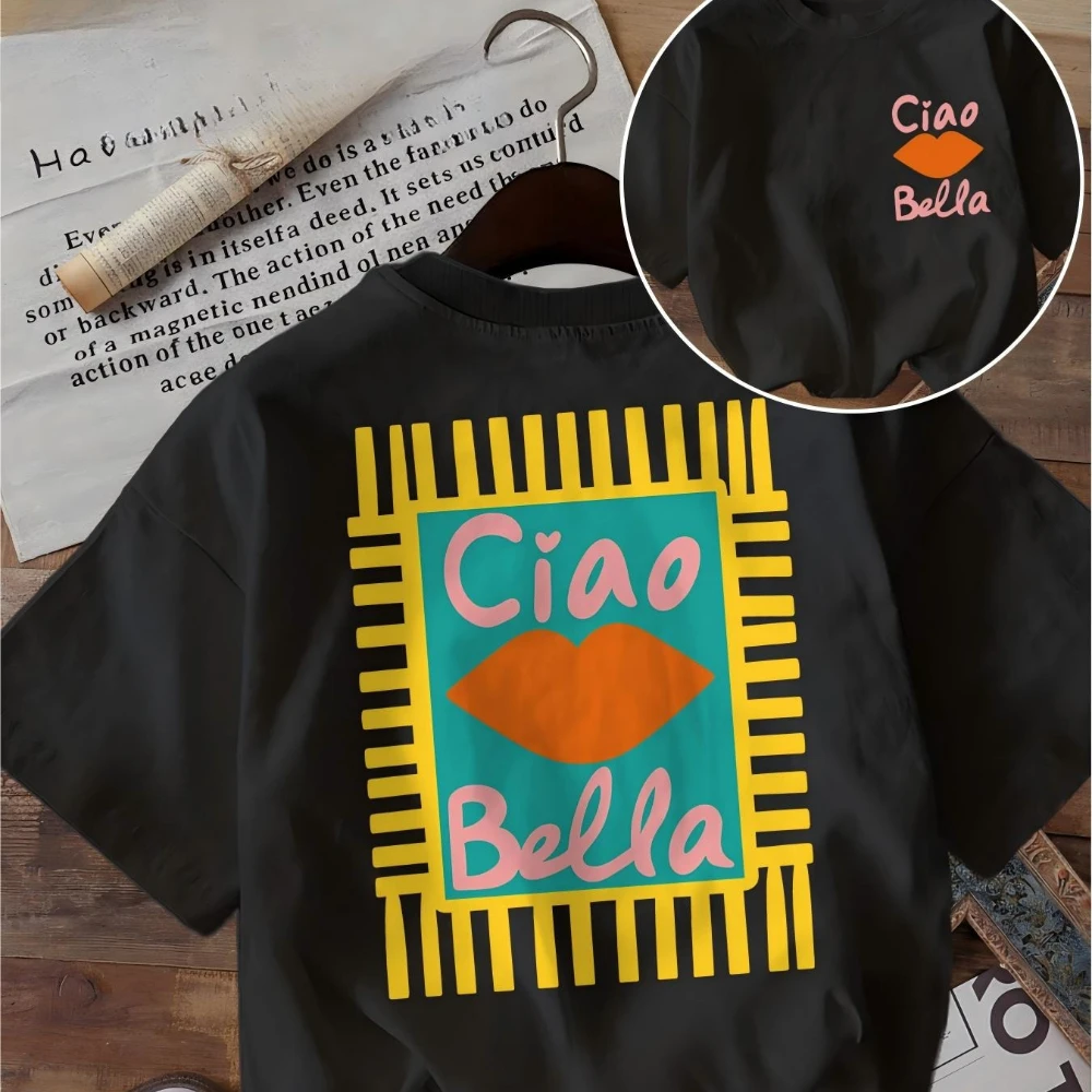 Ciao Bella Retro Lips Graphic T-Shirt Italian Aesthetic Unisex Short Sleeve Tops for Summer Casual Wear Gift