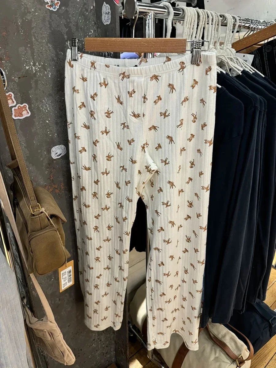 Calça de pijama feminina fofa, calça reta casual de cintura alta para meninas, calça de algodão doce, moletom Y2K, verão, 2024