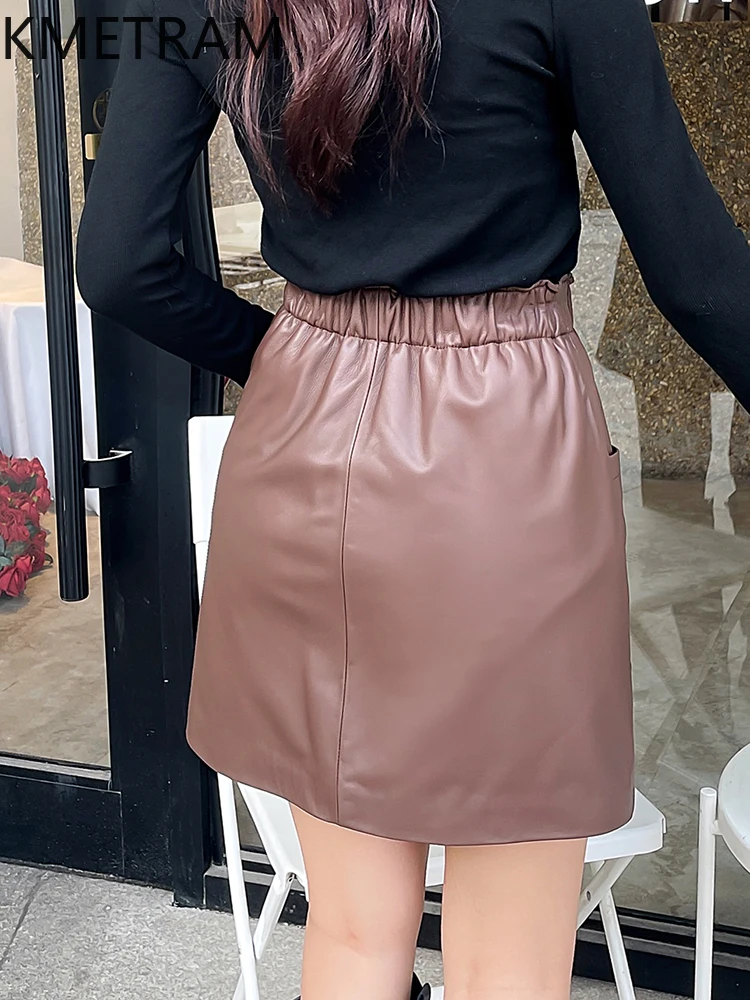 KMETRAM Genuine Leather Skirts for Woman Elegant Natural Sheepskin Skirts Womens Clothing Autumn Skirt Elastic Waist Jupe Femme