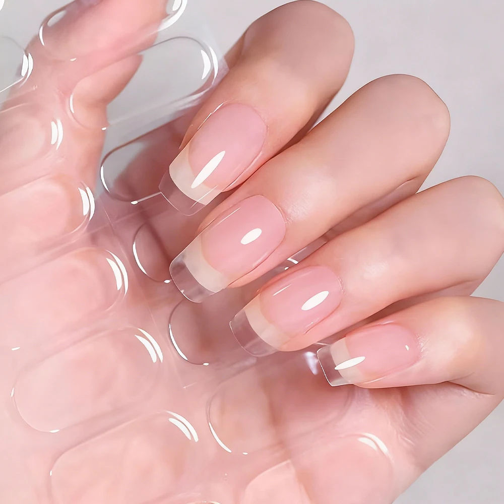 16 puntas/hoja de pegatinas de uñas de Gel semicuradas transparentes y 1 Uds. De tiras de esmalte de uñas de cobertura completa UV/LED, envolturas de uñas de larga duración, calcomanías NK