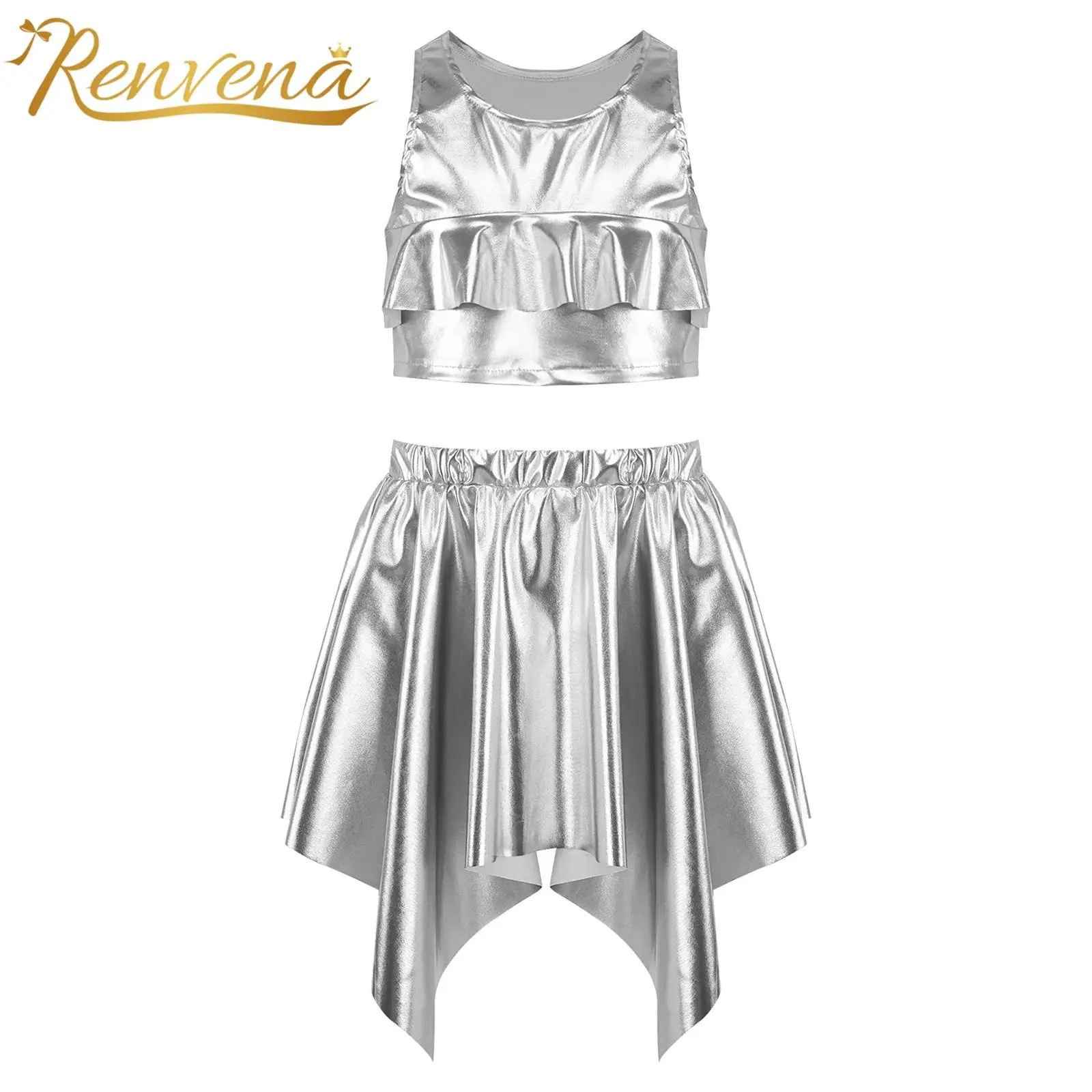 Kids Boys Girls Cheerleading Uniforms Hip Hop Jazz Street Dance Outfits Stage Performance Costume Shiny Skirts Sets Dancewear