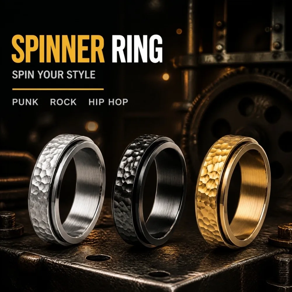Hammered Moonpits Spinner Ring Rotating Irregular Patterns Fidget Spinner Reducing Pressure Anti-Stress Meteorite Ring Gift