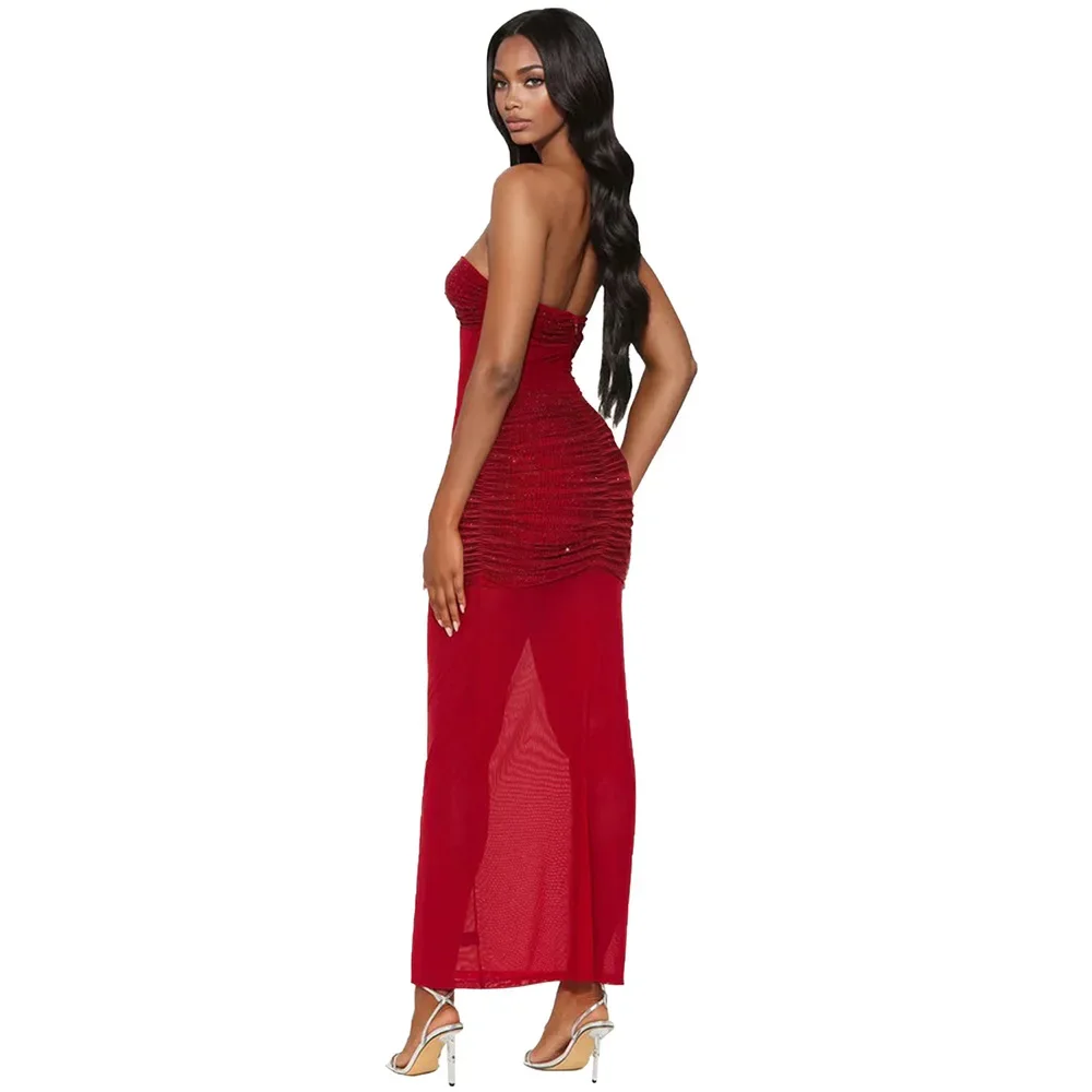 

Mesh Perspective Sexy Red Dresses For Women 2025 Bodycon Pleated Summer Dress Elegant Strapless Slim Party Gown Vestidos