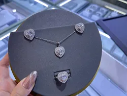 Real S925 Sterling Silver Jewelry Set Women 7MM Heart Diamond Necklace Earrings Female Luxury Jewelry Shiny 5A Zircon Girl Gift