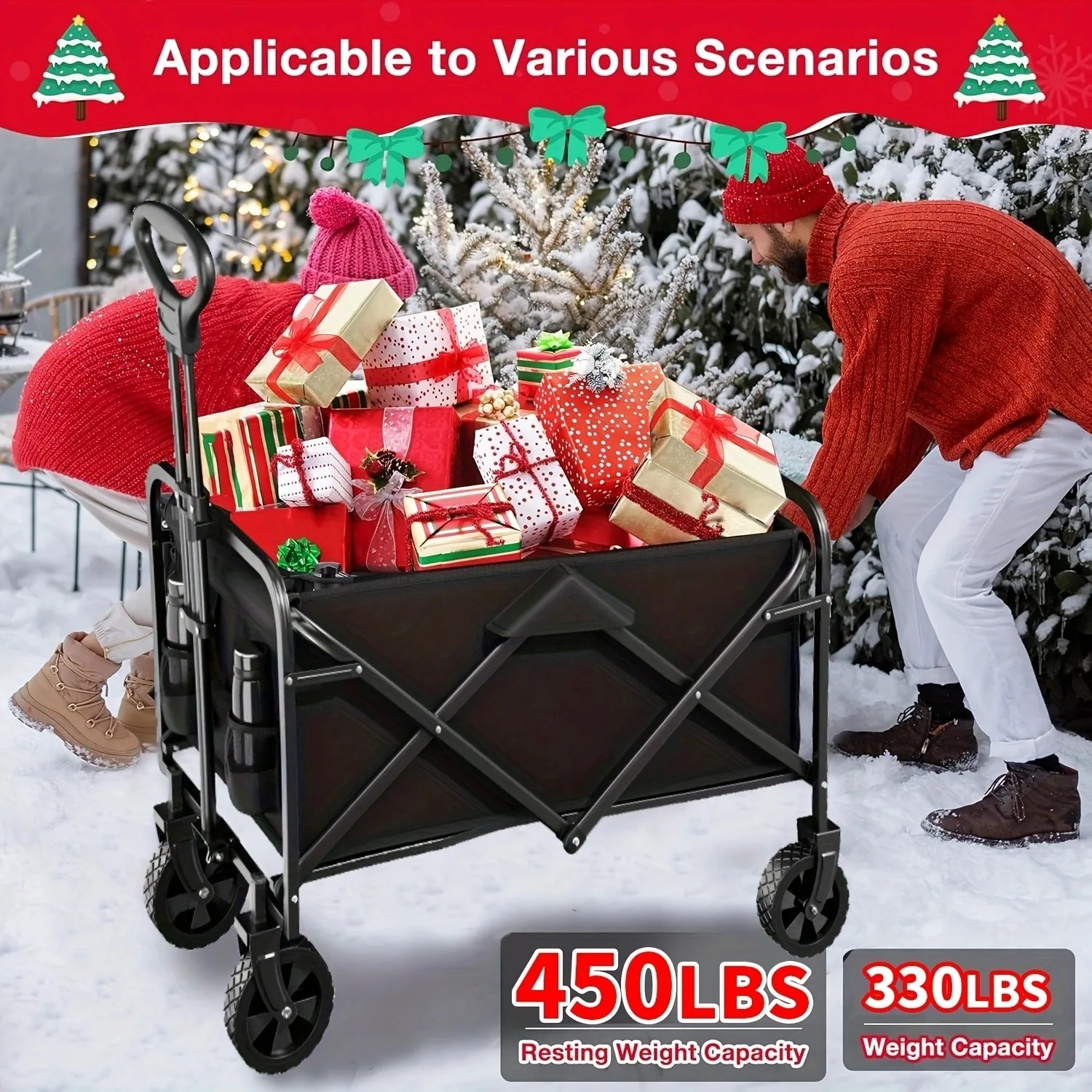 Multi-functional Practical Folding Hand Cart Heavy Duty Metal Frame Rolling Transport Trolley Large Load Bearing Multi Storage Multi-scene Utility Carrier Cart 3 Colors Red Blue Black For Commercial Warehouse Logistics Hauling Shopping Camping Outdoor
