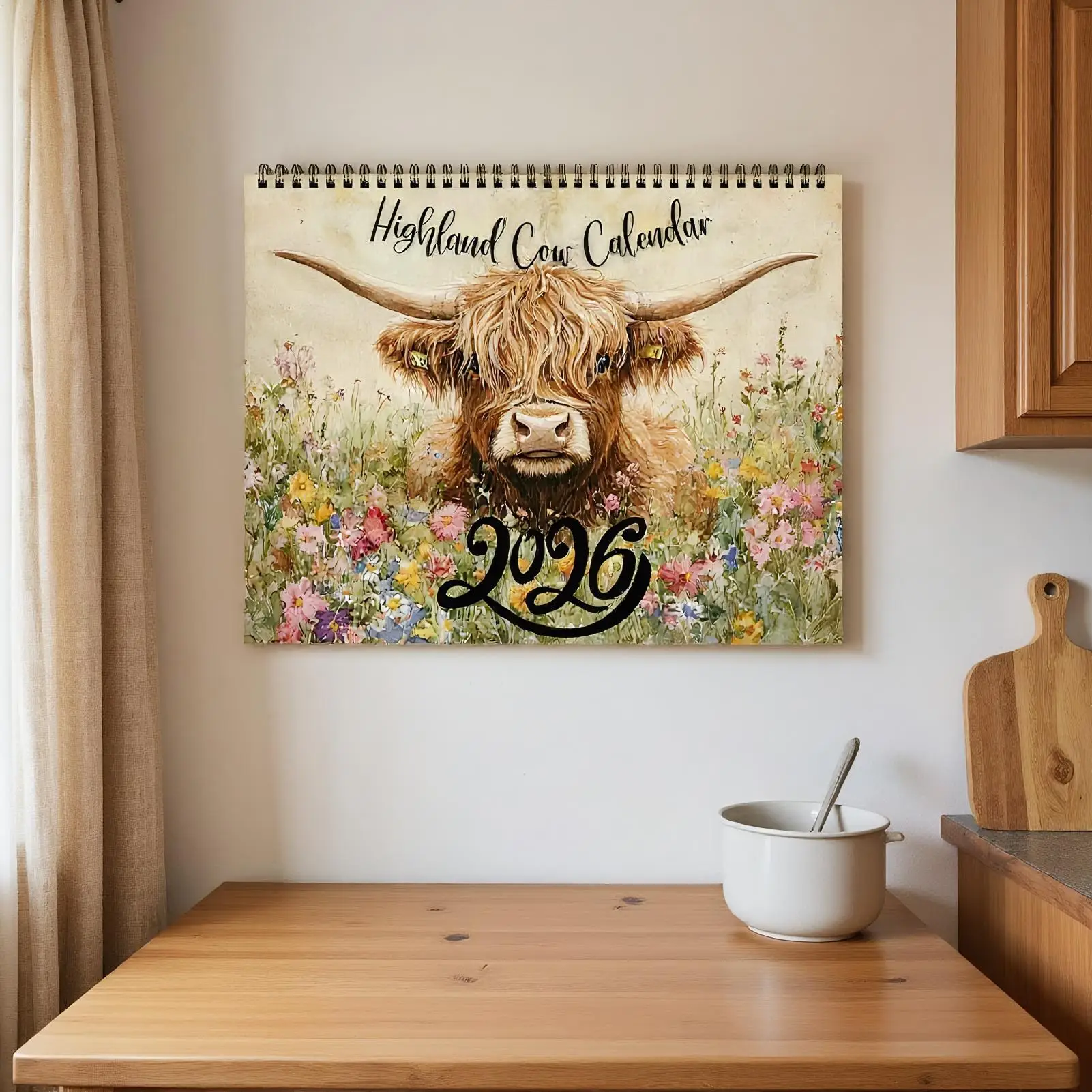 ปฏิทินติดผนังปี 2026 ลายวัวไฮแลนด์ตลกๆ ปฏิทินปี 2026 กระดาษหนา วางแผนรายเดือน ตกแต่งบ้านสไตล์ฟาร์มเฮาส์ สำหรับนักเรียน ครู วางแผนงาน