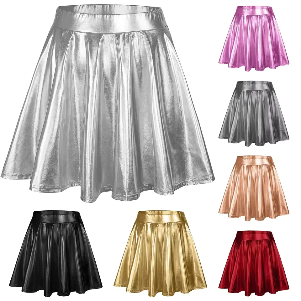

Women'S Sparkly Shiny A-Line Skirts Fashion High Waist Pleated Slimming Waist Solid Color Short Skirt Metallic Skater Skirt