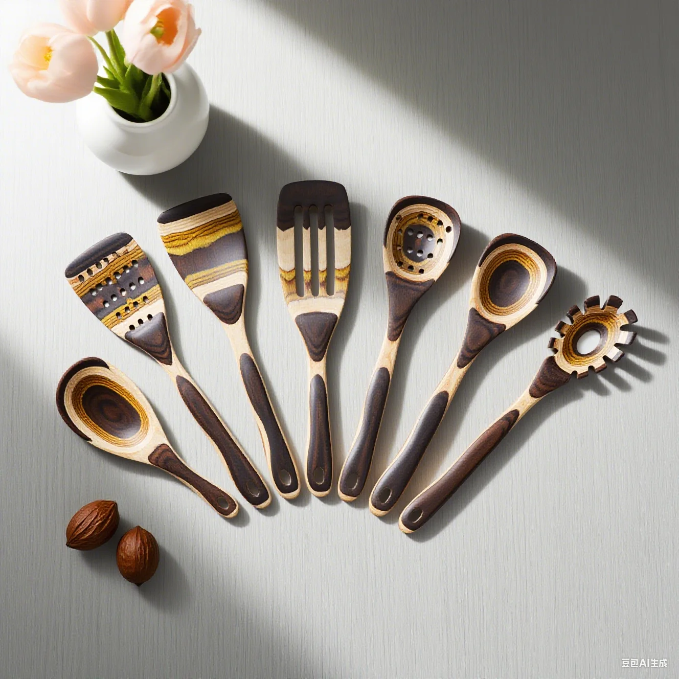 

IK Kitchen Utensils 7PCS Pakkawood Cooking Utensils Set Wooden Spoons for Kitchen Wood Spatula with Non-slip Handle