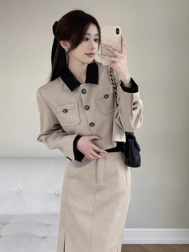 

Высококачественный на ощупь шикарный стиль, зрелый комплект из двух предметов с юбкой для женщин, Новое поступление осенней модели, приталенный Повседневный Топ