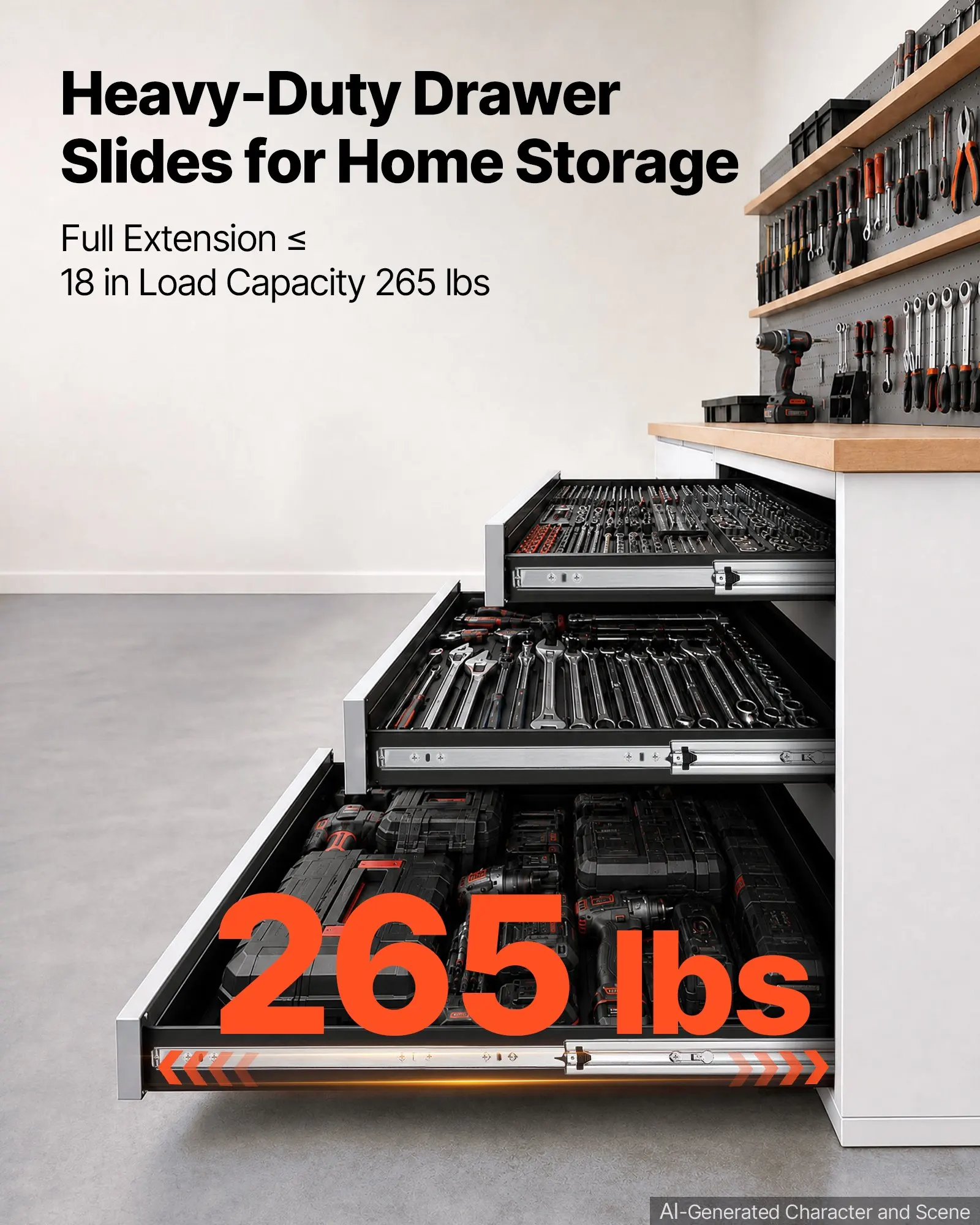 Heavy-Duty Drawer Slides, 34 inch 265 lbs Load Side Mount Rails, 3-Fold Full Extension Ball Bearing Rails, 1 Pair, Kitchen, Workbench, RV, Carbon Steel, Featuring Screws & Nuts, Designed for Cabinets