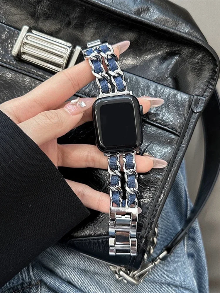 Luxury metal denim strap for Apple Watch band 41mm 49mm 45mm 38mm 42mm 44mm 40mm stylish bracelet for iWatch ultra 8 7 SE 6 5 4