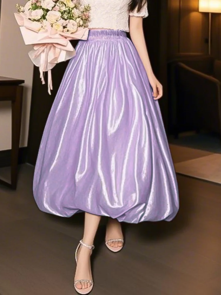 

French Flower A-line Skirt For Women's Summer New Fashion Solid Lantern Skirt Pleated Japanese Style Fluffy Mid Length Skirt