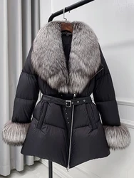 2023 Fashion Winter Women Goose Down Natural Silver Fox Fur Collar Coats Jacket Style Luxury Female Coats Puffer Jackets