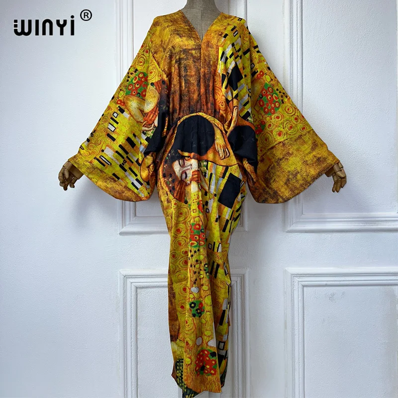 

WINYI Bohemian Summer Beach Dress High Quality Double Sided Boho Print abaya dubai luxury dress Women Evening party kaftan