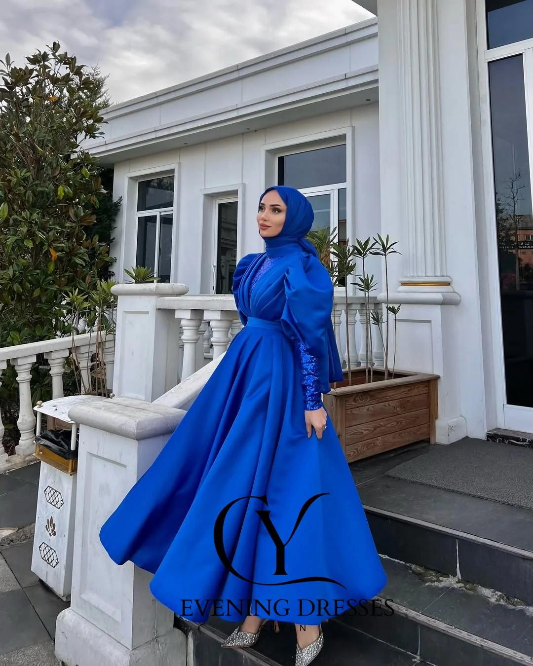 CUYUN Королевские синие мусульманские платья для выпускного вечера по индивидуальному заказу, драпированное вечернее платье с высоким воротником и длинными рукавами, Саудовское платье для торжественного случая