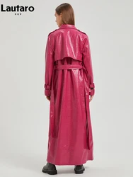 Lautaro-Patent-Trenchcoat aus PU-Leder für Damen, glänzender Krokodildruck, extra lang, reflektierend, Schärpen, Runway-Mode, Frühling