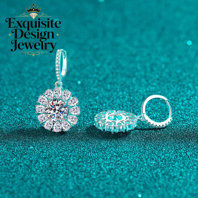 Exquisite Platinum PT950 Sparkling 2-carat Moissanite Stud Earrings Holiday Gift, Gorgeous Sunflower Diamond-studded Earrings