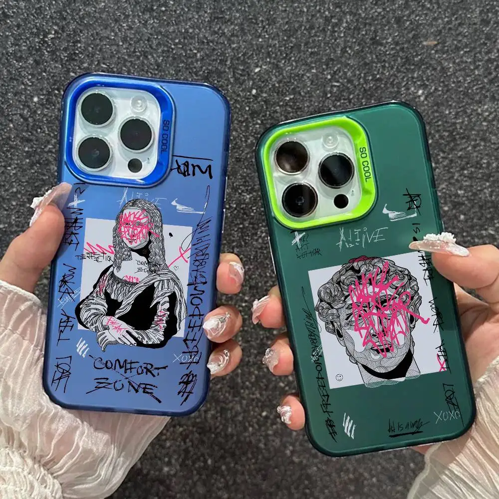 

Graffiti Great Art Aesthetic David Mona Lisa Phone Case Laser Ripple Silver Case For iPhone 17 16 15 14 13 12 11 Pro Plus Max