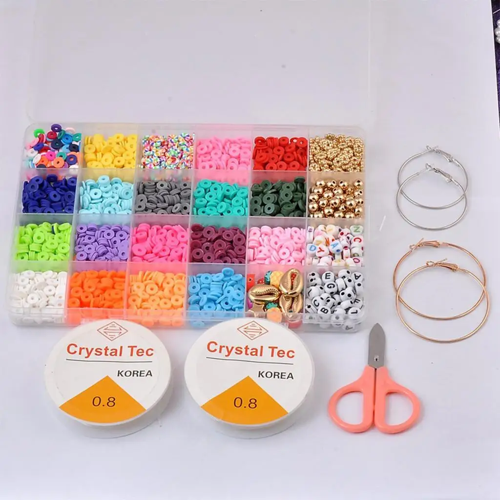 Perles d'espacement en argile polymère avec kit de ciseaux à pendentif, 24 sortes