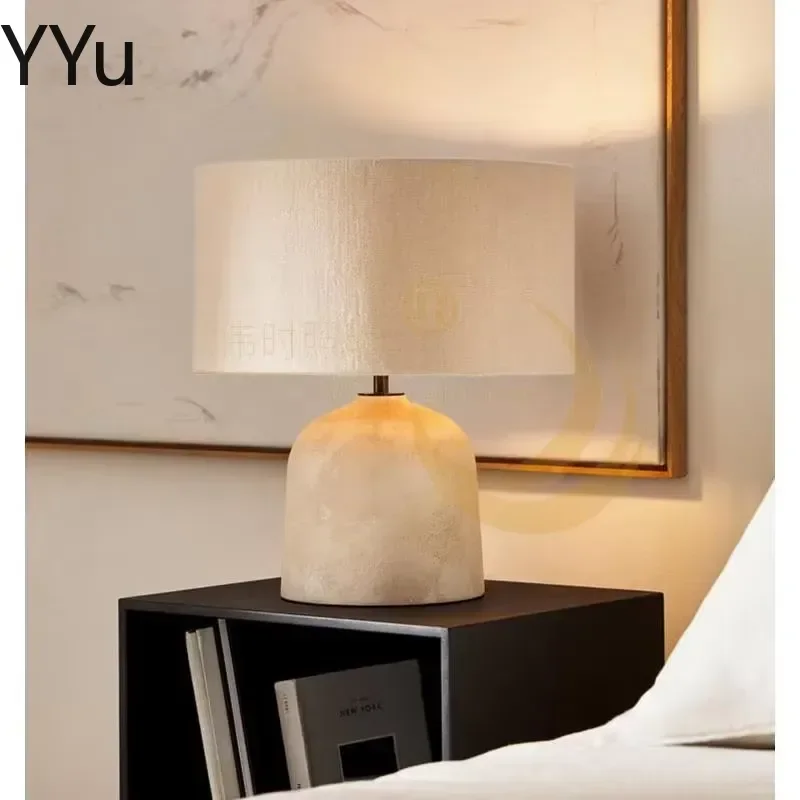 for Retro Minimalist Yellow Travertine Cement Table Lamp Linen Fabric Shade Desk Light for Living Room Study Office Tea Room